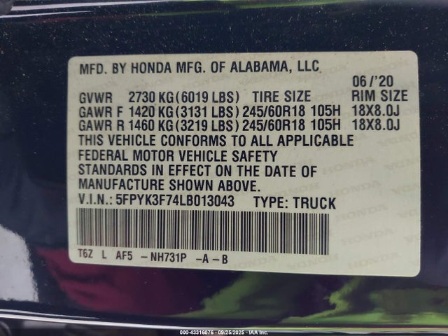 Honda j35y6 2020 5FPYK3F74LB013043 Image 9