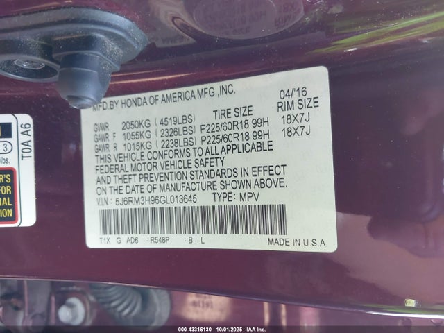 Honda k24w9 2016 5J6RM3H96GL013645 Image 9