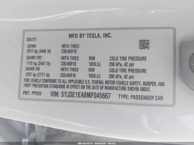 Продаж на аукціоні авто 2021 Tesla Model 3 Standard Range Plus Rear-wheel Drive, vin: 5YJ3E1EA8MF045667, номер лоту: 43316176