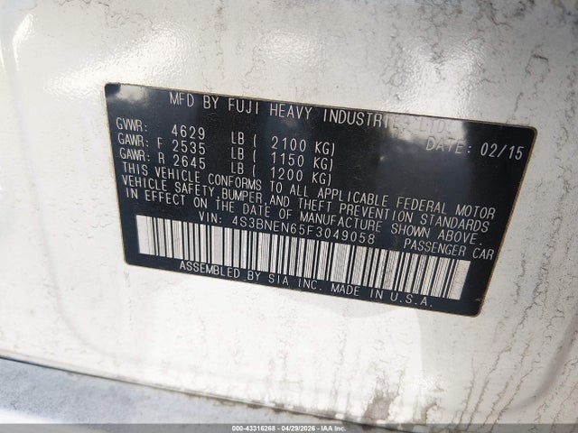 43316268 :رقم المزاد ، 4S3BNEN65F3049058 vin ، 2015 Subaru Legacy 3.6r Limited مزاد بيع