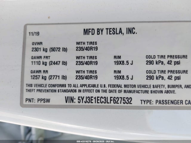 Продаж на аукціоні авто 2020 Tesla Model 3 Performance Dual Motor All-wheel Drive, vin: 5YJ3E1EC3LF627532, номер лоту: 43316276