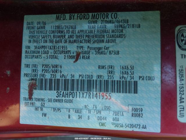 2007 FORD FUSION 3FAHP011X7R141955 Photo 8