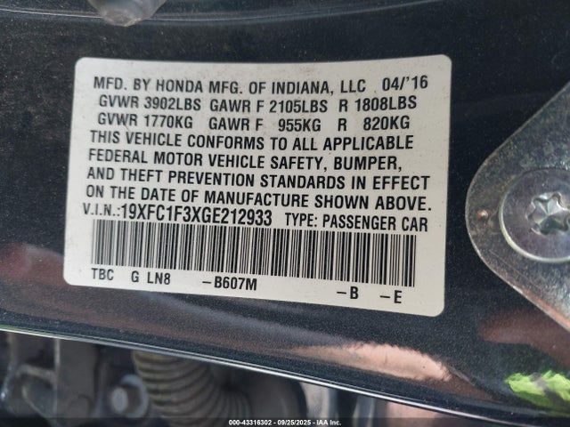 19XFC1F3XGE212933 Honda Civic Ex-t