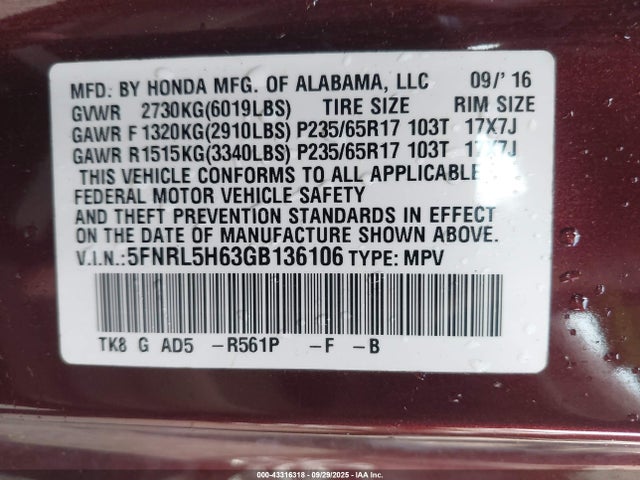 5FNRL5H63GB136106 Honda j35z8