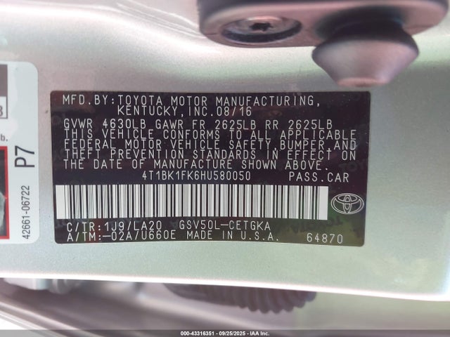 4T1BK1FK6HU580050 Toyota 2gr-fe