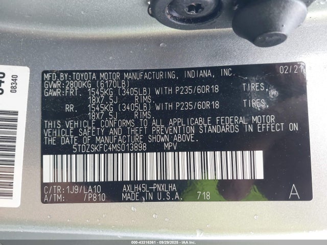 5TDZSKFC4MS013898 Toyota Sienna