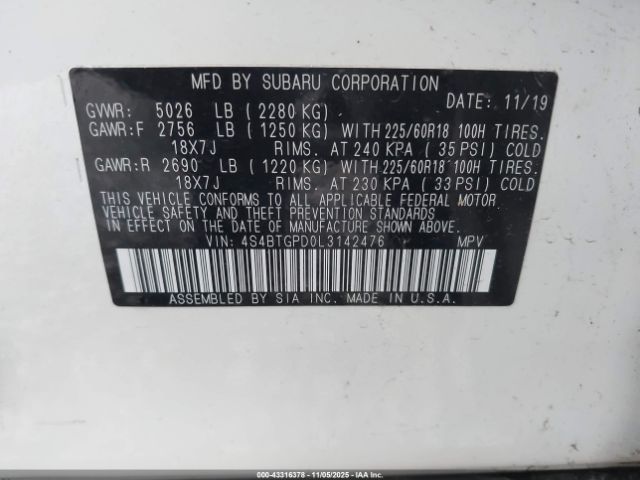 2020 SUBARU OUTBACK 4S4BTGPD0L3142476 Photo 8