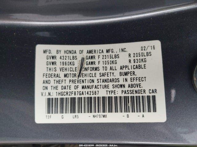 1HGCR2F87GA142587 Honda Accord Ex-l