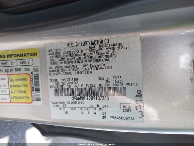 Продажа на аукционе авто 2013 Ford Fusion Se, vin: 3FA6P0H72DR137363, номер лота: 43316404