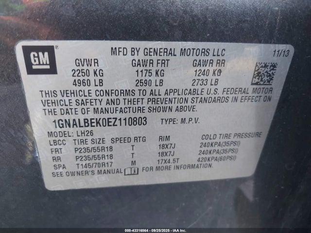 1GNALBEK0EZ110803 Chevrolet lea - flex fuel (gas/alc), aluminum, high output
