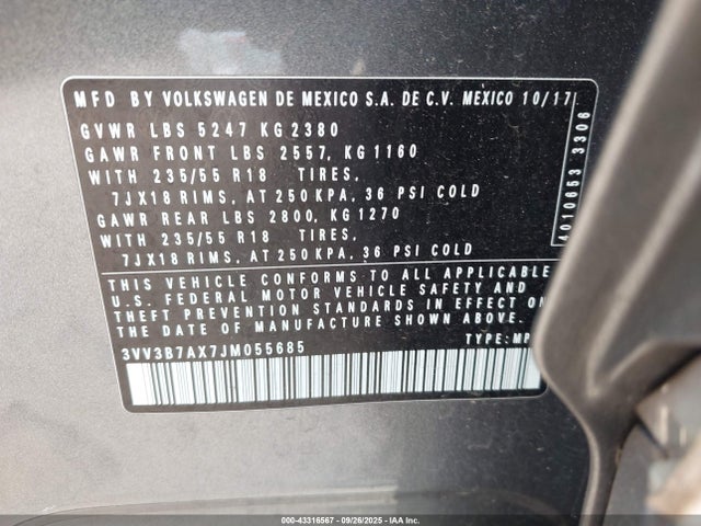 Aukcja sprzedaży 2018 Volkswagen Tiguan 2.0t Se/2.0t Sel, vin: 3VV3B7AX7JM055685, numer aukcji: 43316567