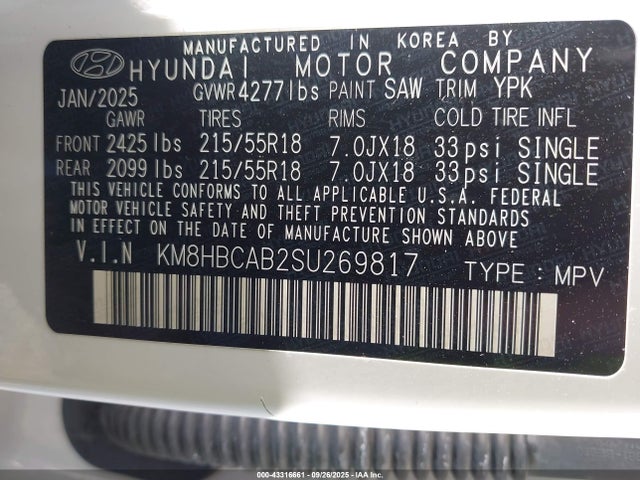 KM8HBCAB2SU269817 Hyundai mpi nu pe