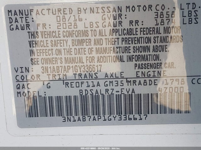 Продаж на аукціоні авто 2016 Nissan Sentra Sr, vin: 3N1AB7AP1GY336617, номер лоту: 43316668