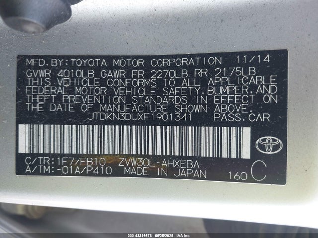 Toyota 2zr-fxe+3jm 2015 JTDKN3DUXF1901341 Image 9