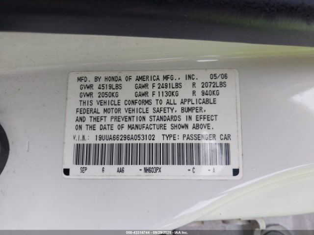 2006 ACURA TL 19UUA66296A053102 Photo 8