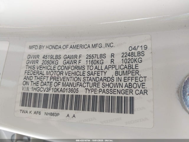 Honda lfb2 2019 1HGCV3F10KA013605 Image 9