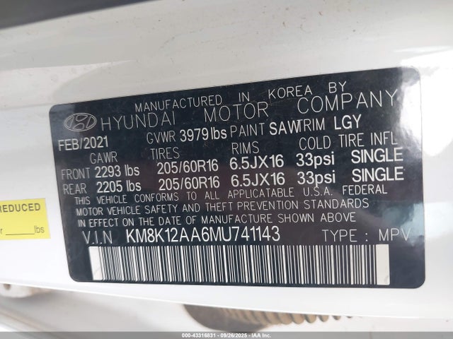 KM8K12AA6MU741143 Hyundai mpi nu