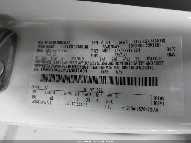 1FMCU9GD1JUB41891 Ford 1.5l gtdi sigma w/premium fuel