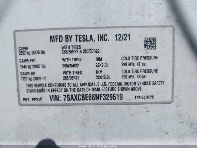 2022 TESLA MODEL X 7SAXCBE68NF329619 Photo 8