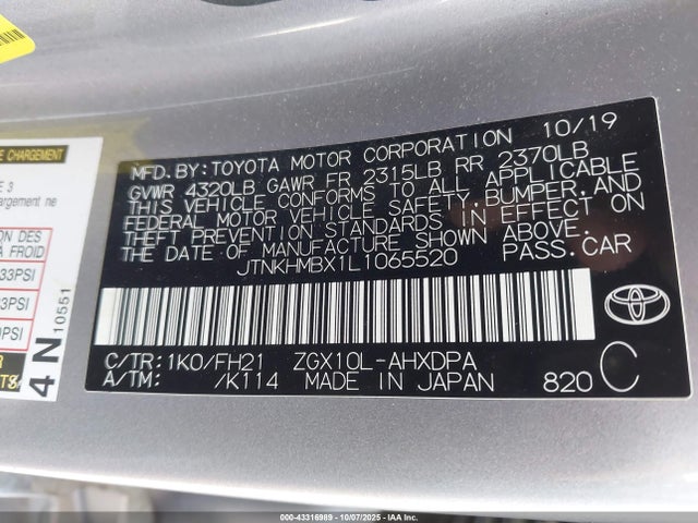 JTNKHMBX1L1065520 Toyota 3zr-fae
