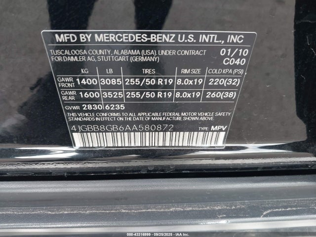 Aukcja sprzedaży 2010 Mercedes-benz Ml 350 4matic, vin: 4JGBB8GB6AA580872, numer aukcji: 43316999