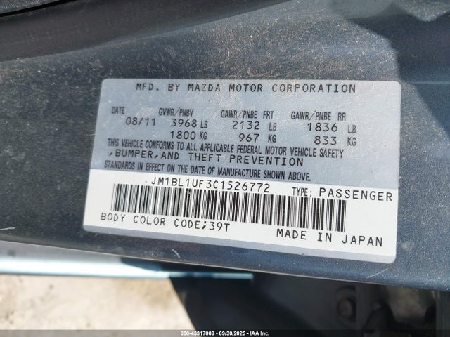43317009 :رقم المزاد ، JM1BL1UF3C1526772 vin ، 2012 Mazda Mazda3 I Sport مزاد بيع