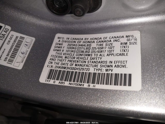 Honda k24w9/k24v1 2016 2HKRM3H50GH529720 Image 9