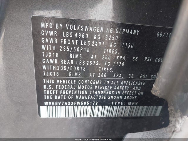 WVGBV7AXXFW505172 Volkswagen 2015