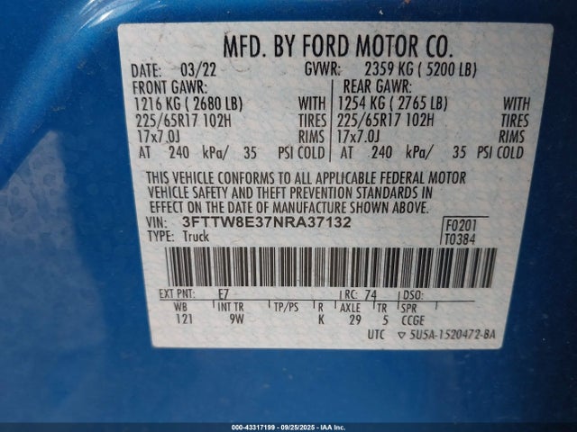 3FTTW8E37NRA37132 Ford hybrid
