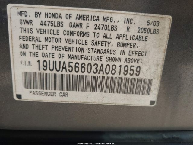 2003 ACURA TL 19UUA56603A081959 Photo 8