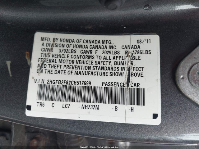 Продаж на аукціоні авто 2012 Honda Civic Ex, vin: 2HGFB2F82CH517699, номер лоту: 43317550