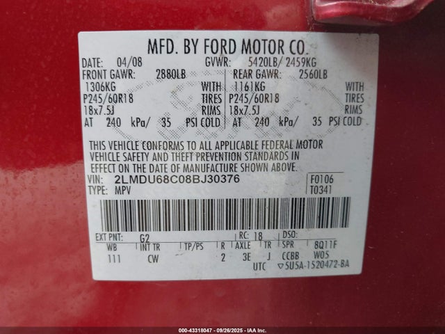 43318047 :رقم المزاد ، 2LMDU68C08BJ30376 vin ، 2008 Lincoln Mkx مزاد بيع