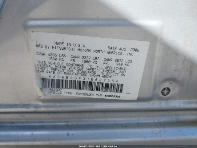 2007 MITSUBISHI GALANT 4A3AB26F37E027354 Photo 8