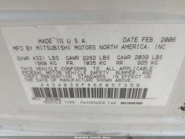 2006 MITSUBISHI GALANT 4A3AB36F86E057356 Photo 8