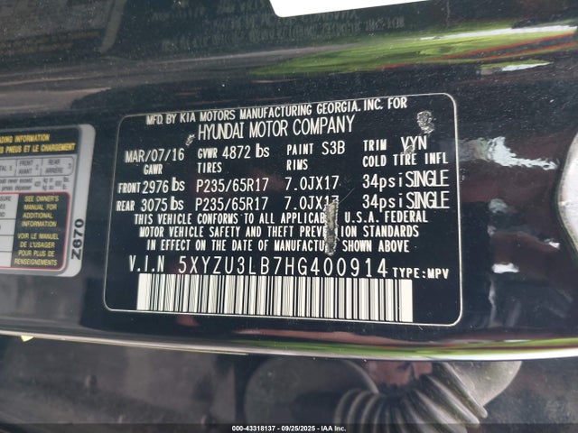 5XYZU3LB7HG400914 Hyundai gdi theta ii