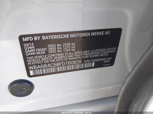 2015 Bmw 650i Gran Coupe Xdrive მანქანა იყიდება აუქციონზე, vin: WBA6B4C58FD760839, აუქციონის ნომერი: 43318147