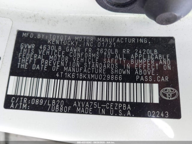 Продаж на аукціоні авто 2021 Toyota Camry Xse Awd, vin: 4T1K61BKXMU029866, номер лоту: 43318262