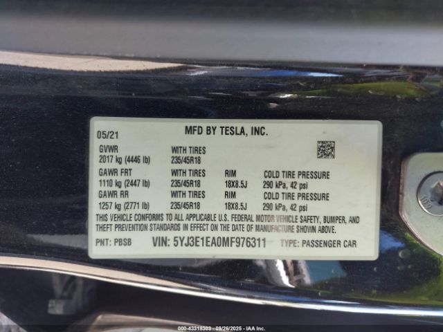 2021 TESLA MODEL 3 5YJ3E1EA0MF976311 Photo 8