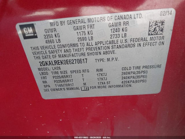 2GKALREK0E6270617 GMC lea - flex fuel (gas/alc), aluminum, high output