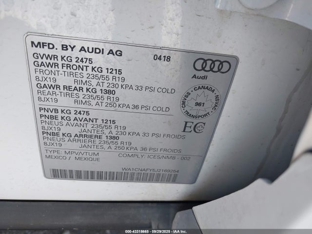 2018 Audi Q5 2.0t Premium/2.0t Tech Premium მანქანა იყიდება აუქციონზე, vin: WA1CNAFY5J2169254, აუქციონის ნომერი: 43318665