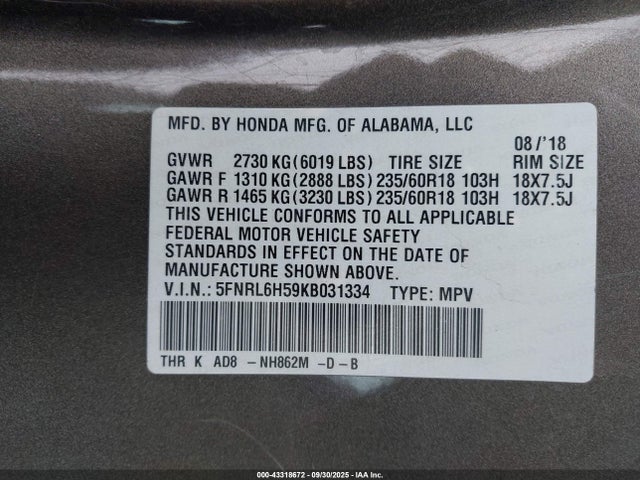 5FNRL6H59KB031334 Honda j35y7