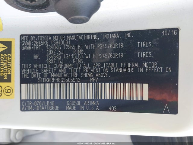 5TDKKRFH8GS505912 Toyota Highlander Xle V6