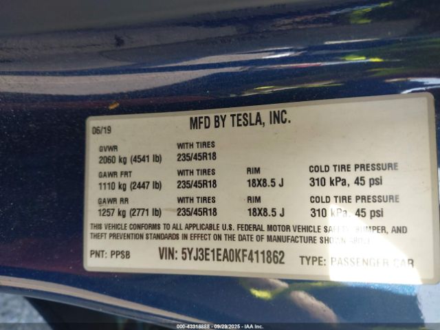 2019 TESLA MODEL 3 5YJ3E1EA0KF411862 Photo 8