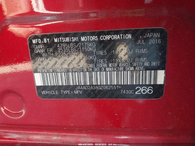 Mitsubishi mivec 2016 JA4AD2A38GZ062551 Image 9