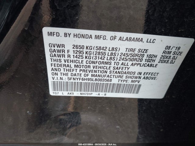 Honda j35y6 2020 5FNYF6H95LB003568 Image 9