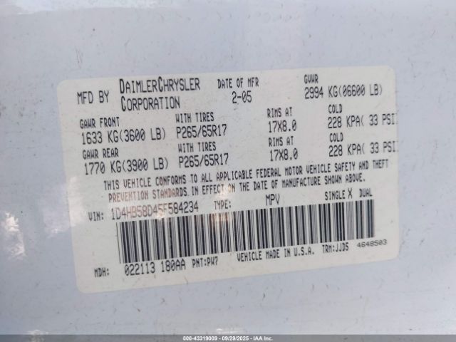 2005 DODGE DURANGO 1D4HB58D45F584234 Photo 8