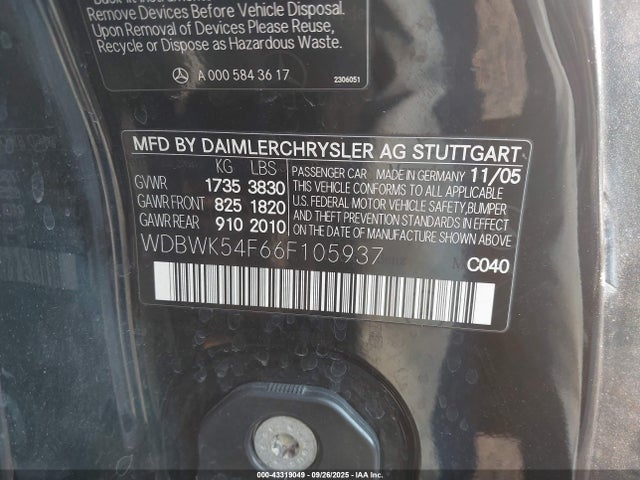 Aukcja sprzedaży 2006 Mercedes-benz Slk 280, vin: WDBWK54F66F105937, numer aukcji: 43319049