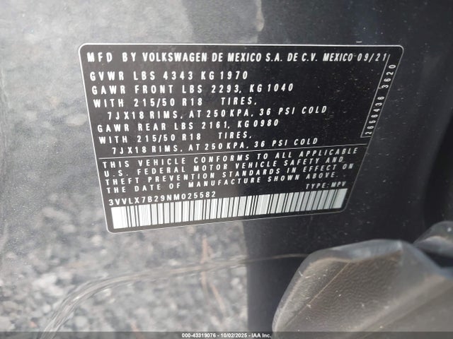 Продажа на аукционе авто 2022 Volkswagen Taos 1.5t Se, vin: 3VVLX7B29NM025582, номер лота: 43319076