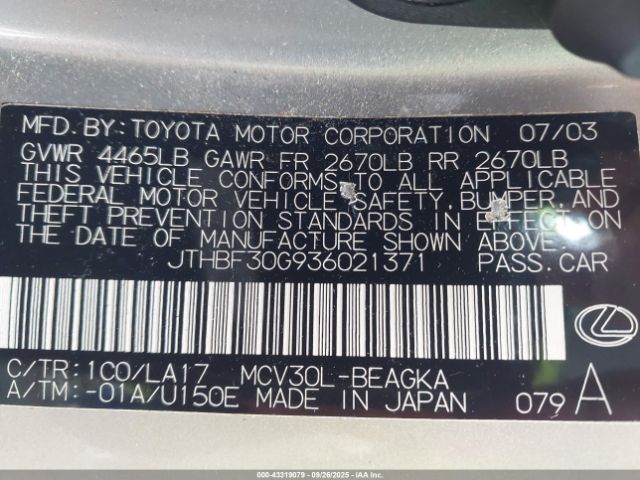 2003 LEXUS ES 300 JTHBF30G936021371 Photo 8