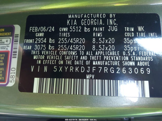 2024 Kia Sorento X-line Sx მანქანა იყიდება აუქციონზე, vin: 5XYRKDJF7RG263069, აუქციონის ნომერი: 43319176